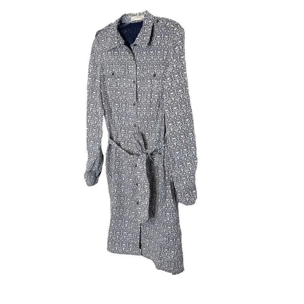 Tory Burch Blue Tile Printed White Button Up Belted Long Sleeve Work Dress Siz 8